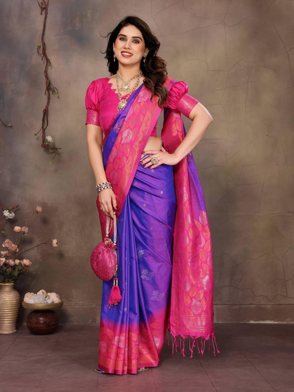 Engrossing Purple Soft Banarasi Silk Saree With Exceptional Blouse Piece