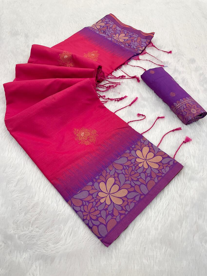Grandiose Dark Pink Soft Banarasi Silk Saree With Serendipity Blouse Piece