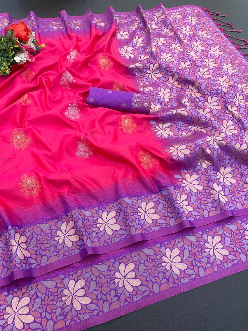 Grandiose Dark Pink Soft Banarasi Silk Saree With Serendipity Blouse Piece