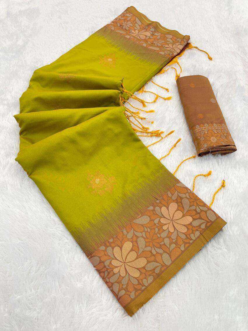 Magnetic Mehndi Soft Banarasi Silk Saree With Refreshing Blouse Piece