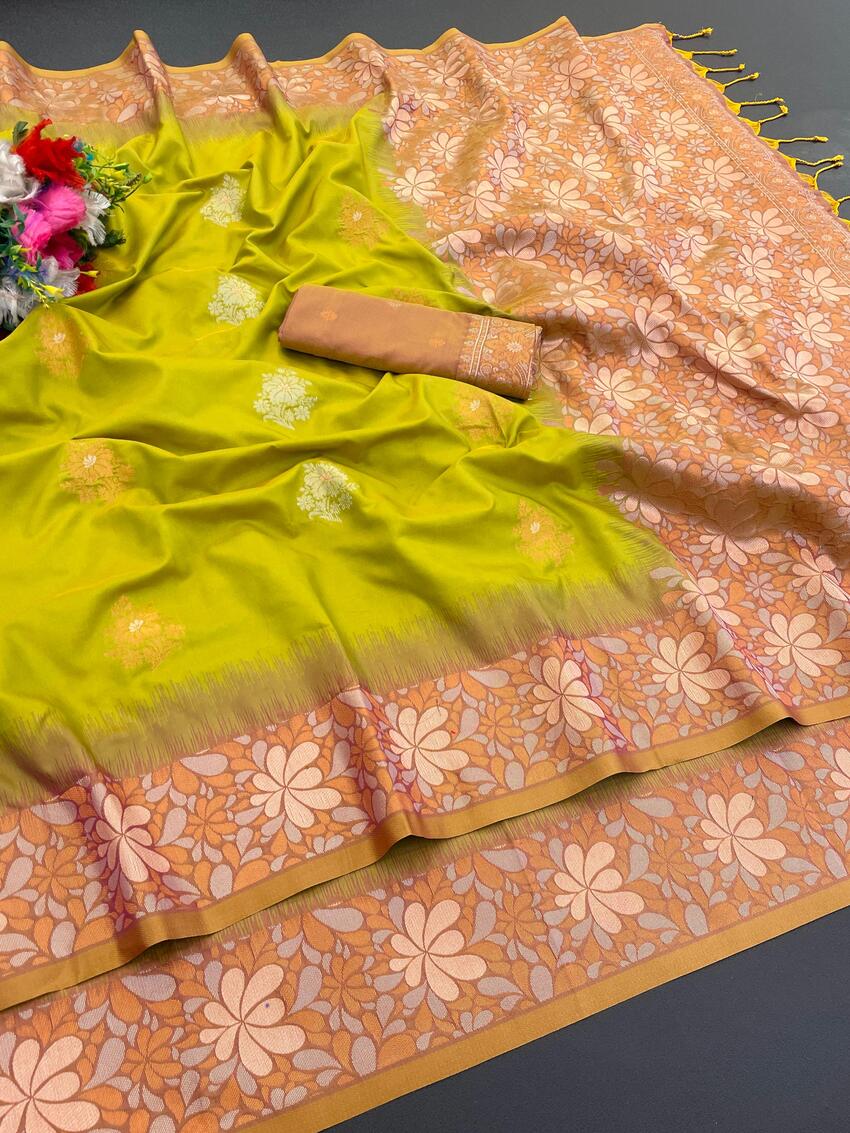 Magnetic Mehndi Soft Banarasi Silk Saree With Refreshing Blouse Piece