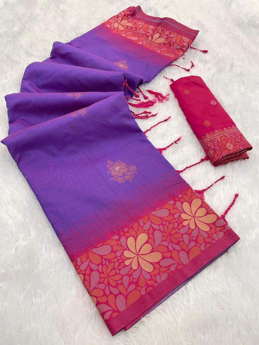 Prettiest Purple Soft Banarasi Silk Saree With Unique Blouse Piece