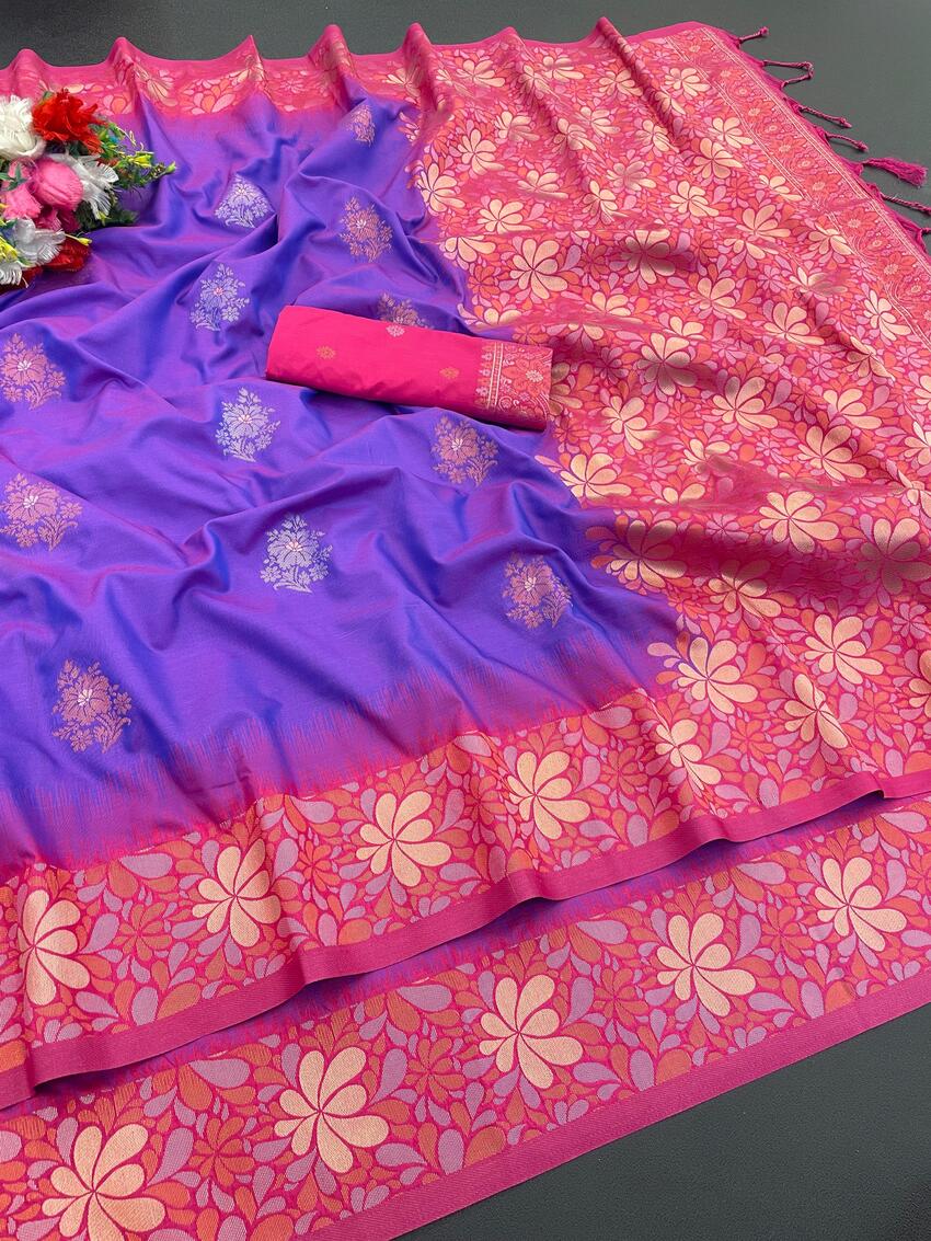 Prettiest Purple Soft Banarasi Silk Saree With Unique Blouse Piece