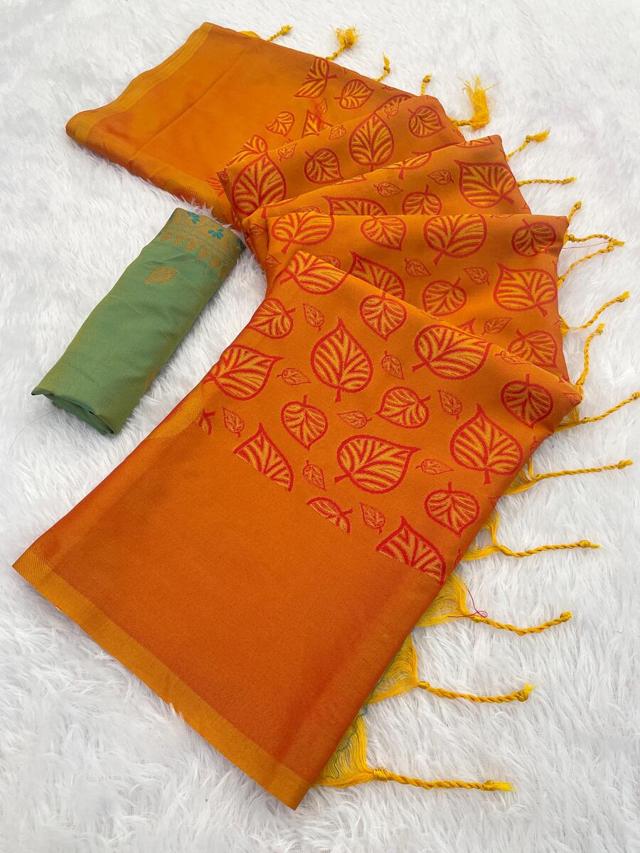 Stylish Orange Soft Banarasi Silk Saree With Aplomb Blouse Piece