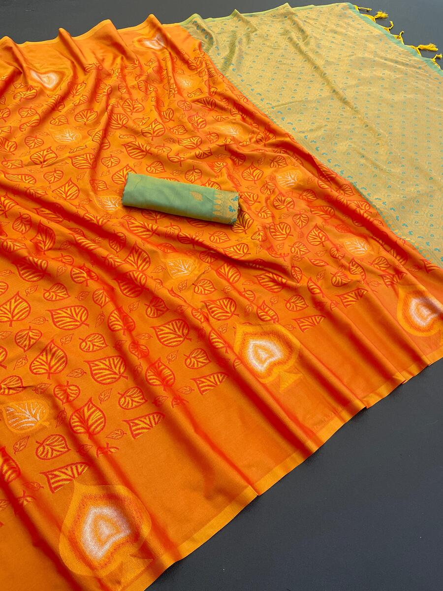 Stylish Orange Soft Banarasi Silk Saree With Aplomb Blouse Piece