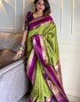 Ailurophile Mehndi Soft Banarasi Kathpadar Silk Saree With Effervescent Blouse Piece