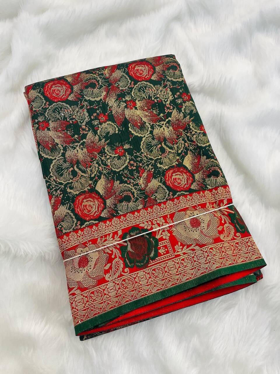 Petrichor Dark Green Soft Banarasi Silk Saree With Brood Blouse Piece