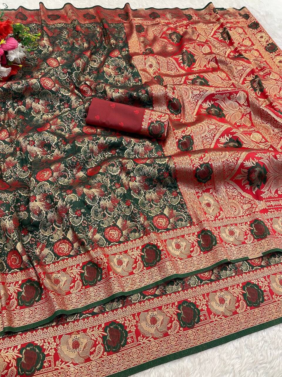 Petrichor Dark Green Soft Banarasi Silk Saree With Brood Blouse Piece