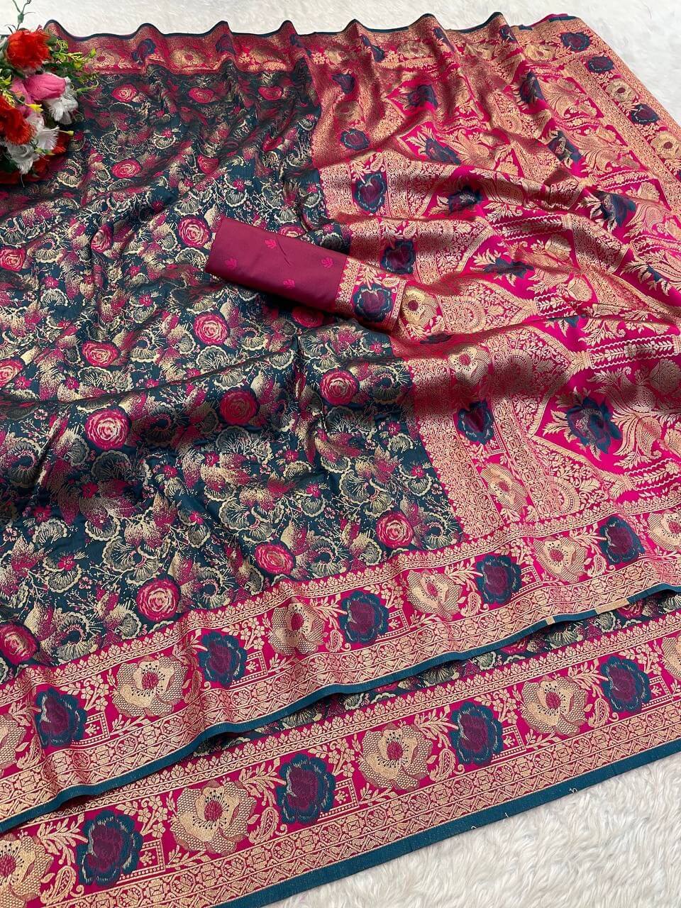 Magnificat Rama Soft Banarasi Silk Saree With Angelic Blouse Piece