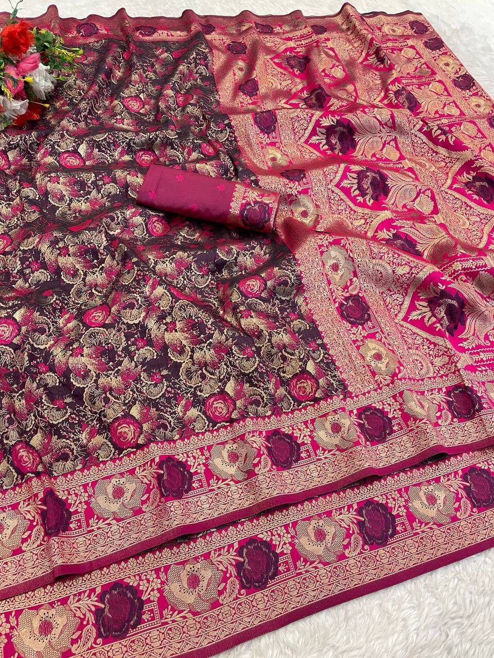 Divine Wine Soft Banarasi Silk Saree With Murmurous Blouse Piece