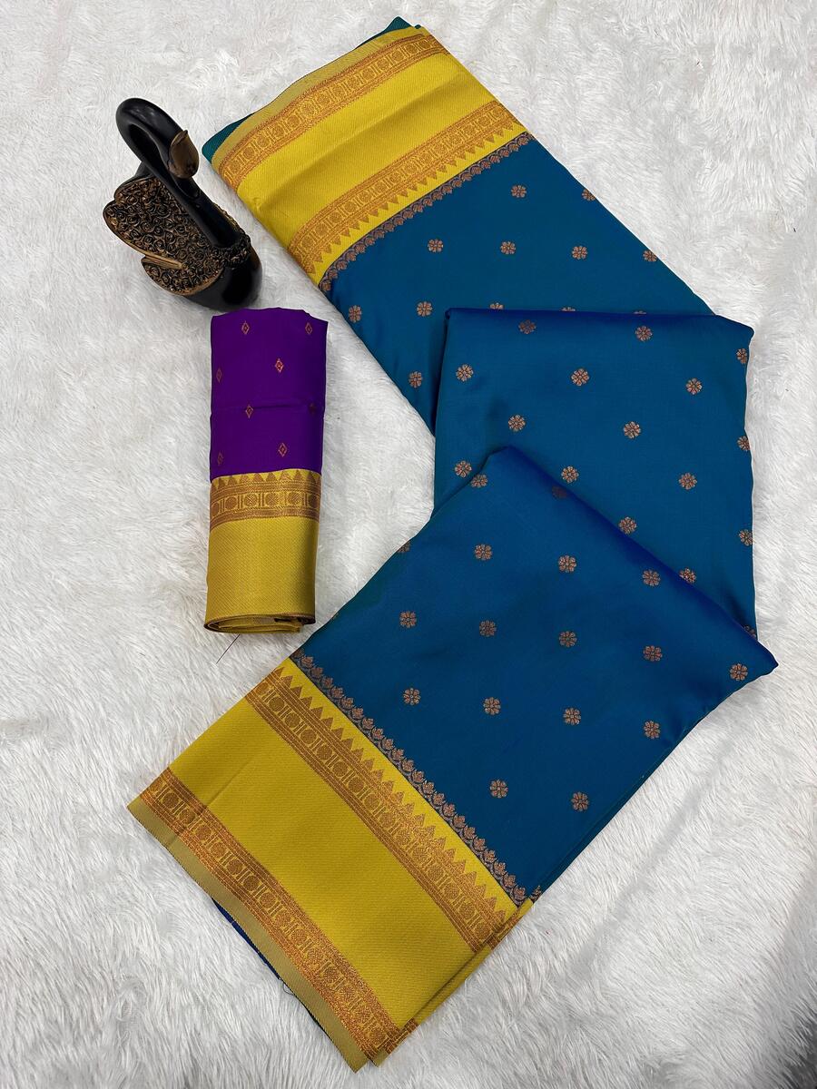 Amiable Blue Soft Banarasi Silk Saree With Moiety Blouse Piece