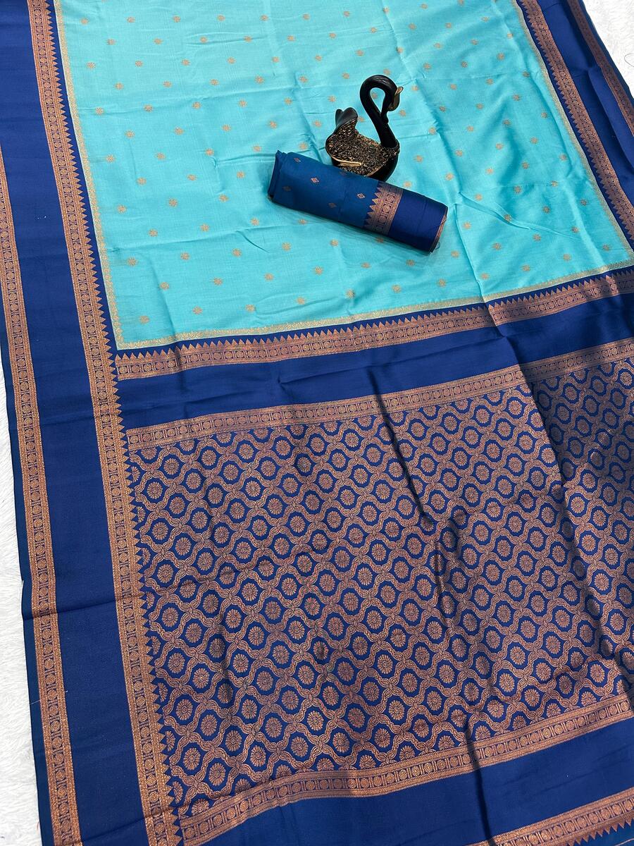 Alluring Firozi Soft Banarasi Silk Saree With Incredible Blouse Piece
