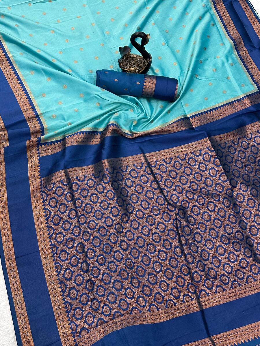 Alluring Firozi Soft Banarasi Silk Saree With Incredible Blouse Piece