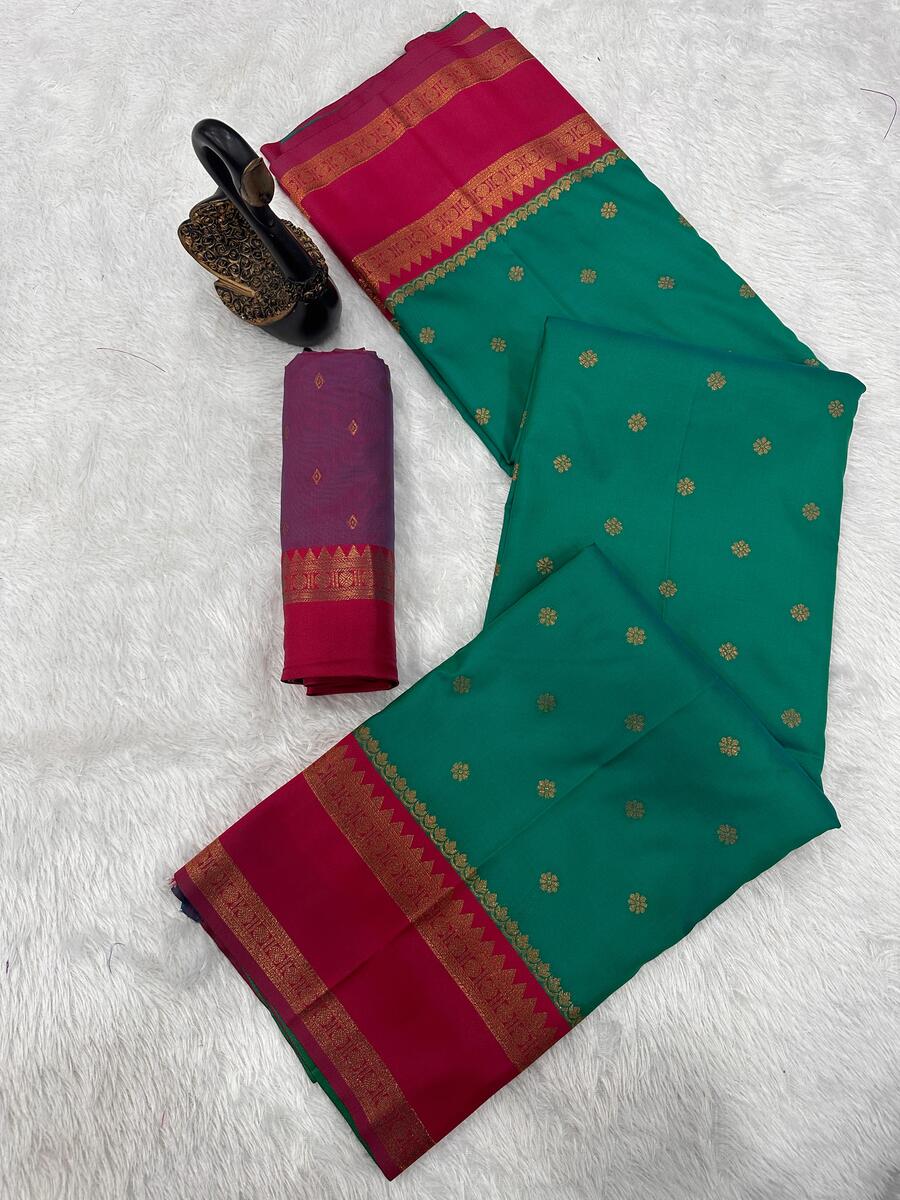Magnetic Green Soft Banarasi Silk Saree With Adoring Blouse Piece