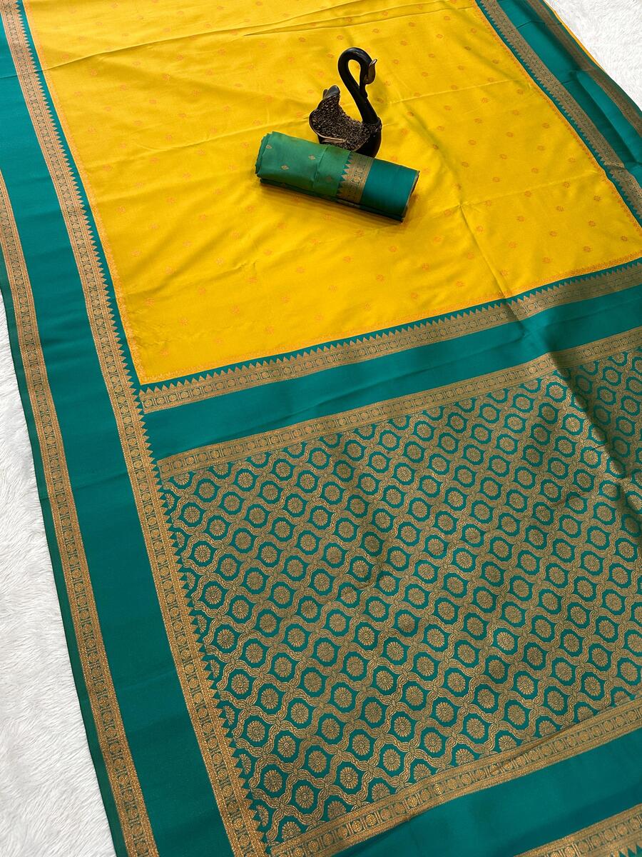 Opulent Mustard Soft Banarasi Silk Saree With Conflate Blouse Piece