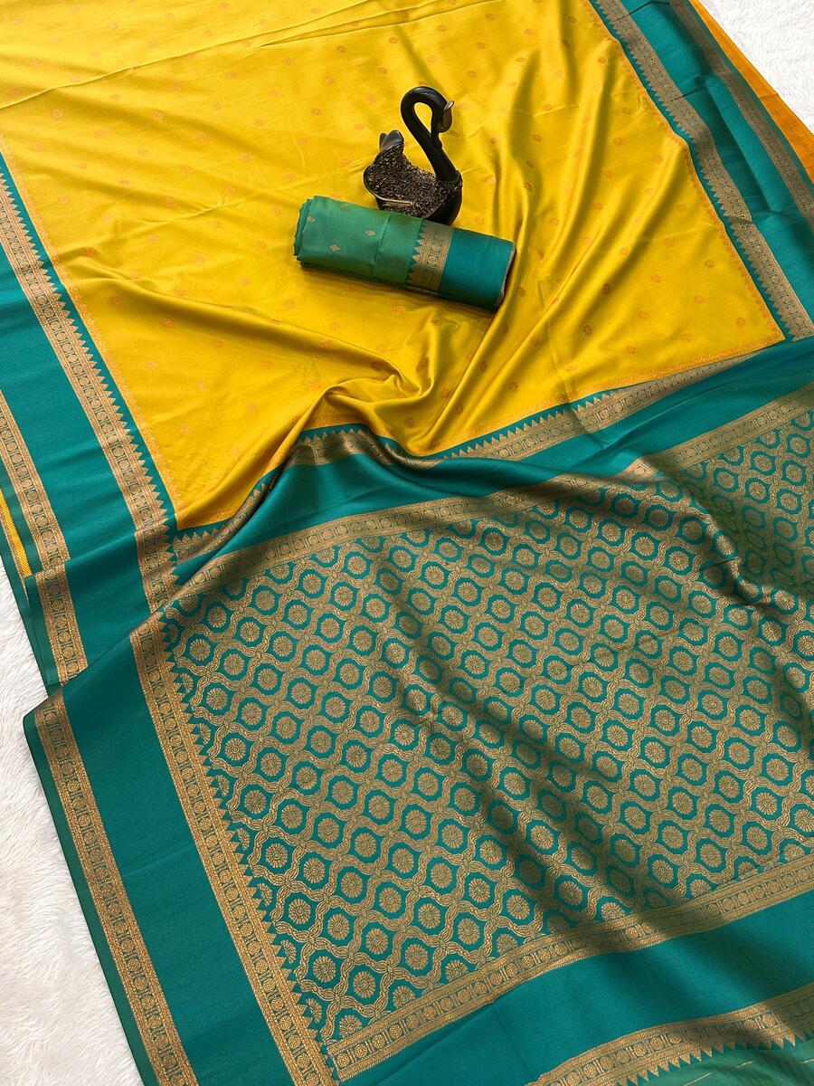 Opulent Mustard Soft Banarasi Silk Saree With Conflate Blouse Piece