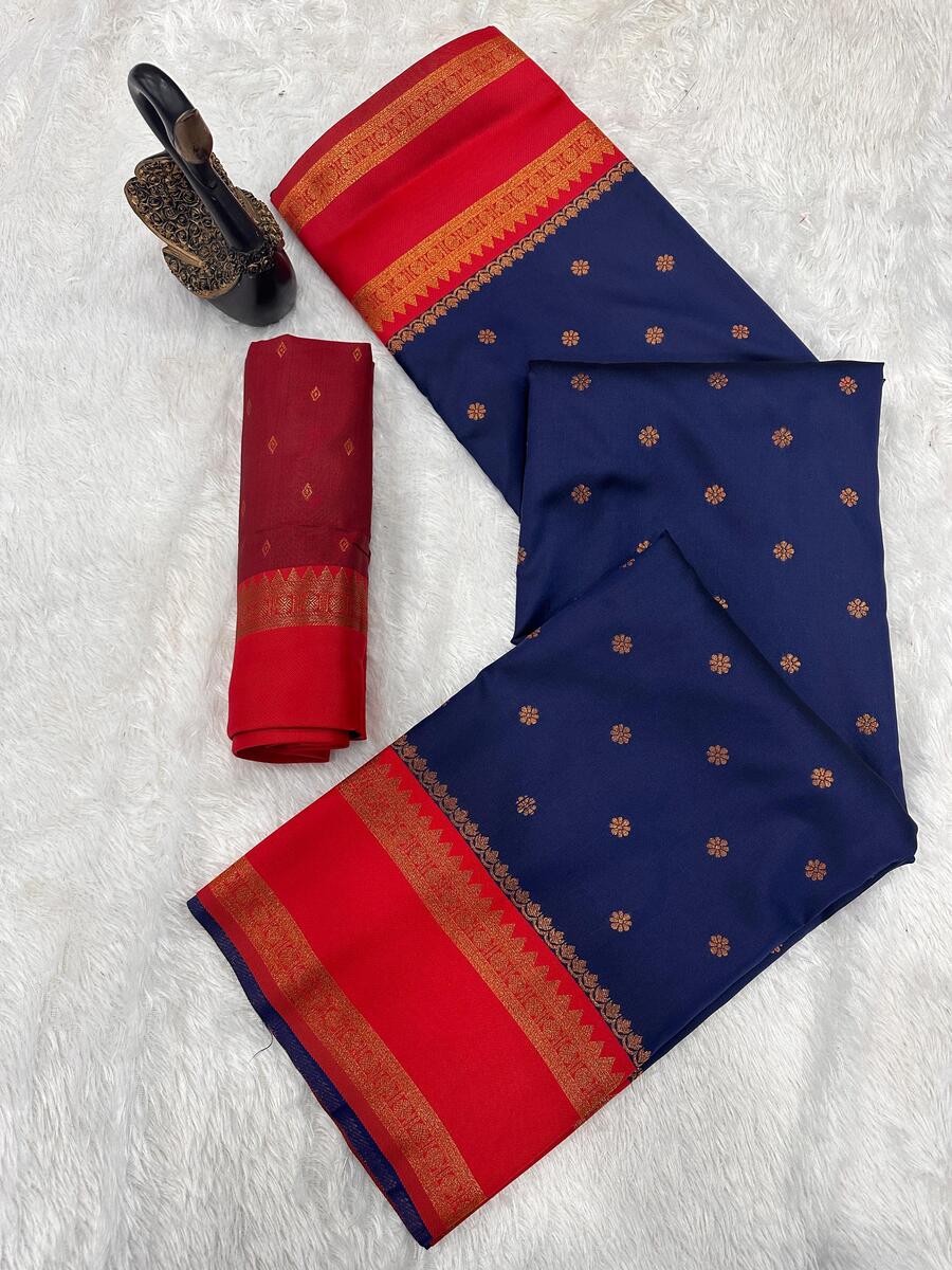 Sensational Navy Blue Soft Banarasi Silk Saree With Gratifying Blouse Piece