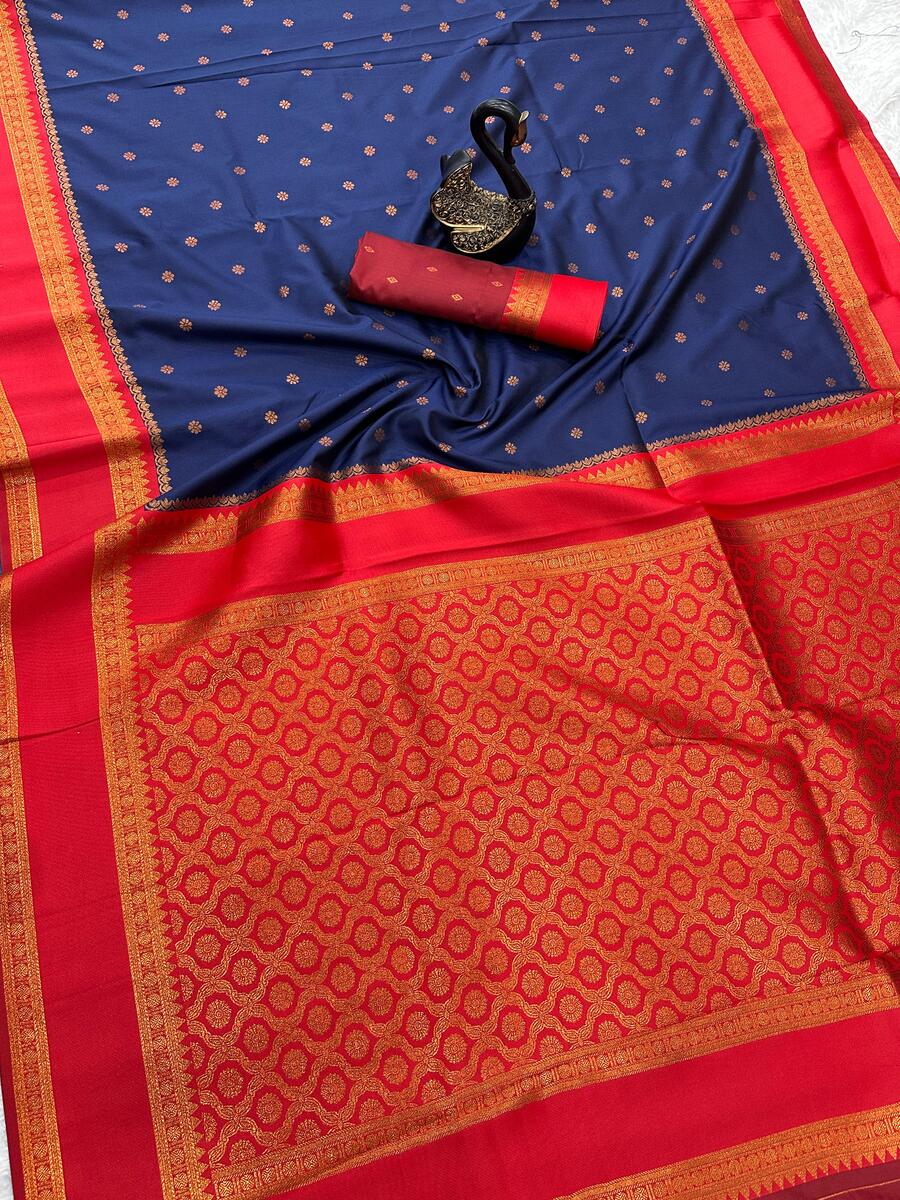Sensational Navy Blue Soft Banarasi Silk Saree With Gratifying Blouse Piece