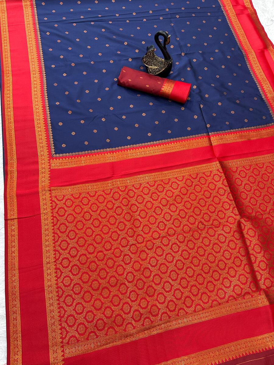 Sensational Navy Blue Soft Banarasi Silk Saree With Gratifying Blouse Piece