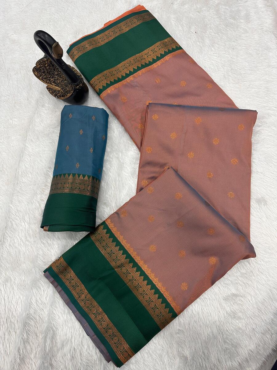 Super classy Peach Soft Banarasi Silk Saree With Ebullience Blouse Piece