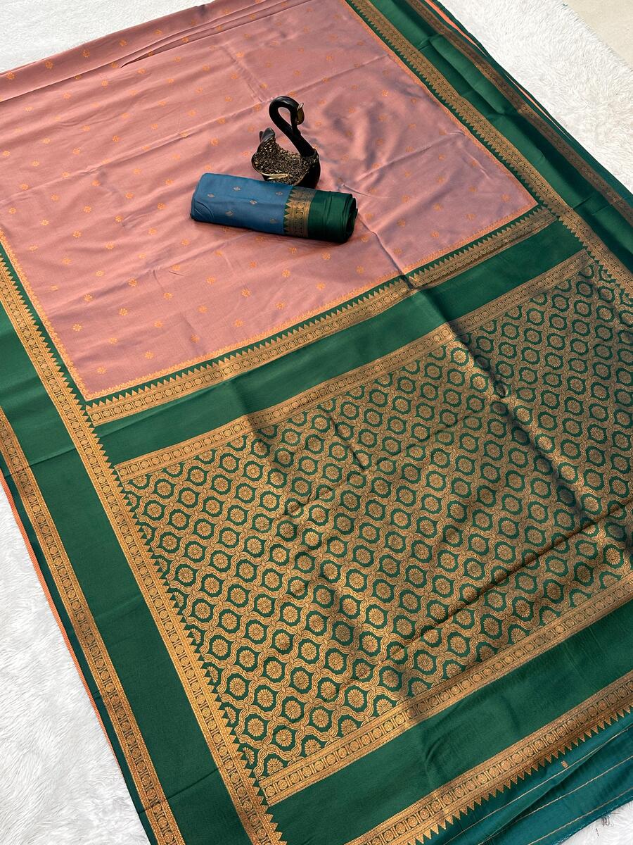 Super classy Peach Soft Banarasi Silk Saree With Ebullience Blouse Piece