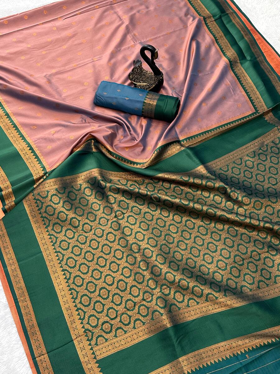 Super classy Peach Soft Banarasi Silk Saree With Ebullience Blouse Piece