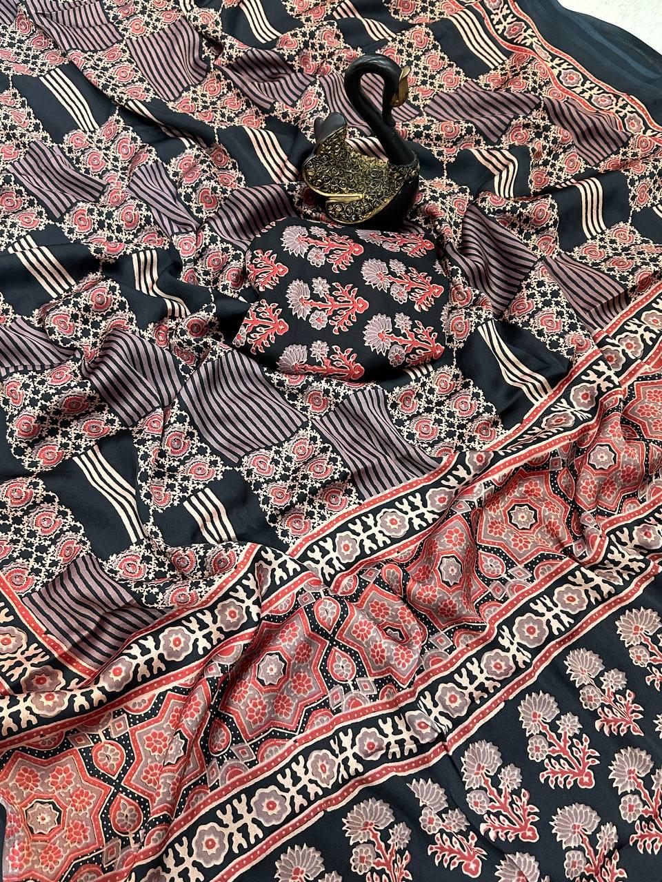 Verdant Black Ajrakh Printed Gajji Soft Silk Saree With Denouement Blouse Piece