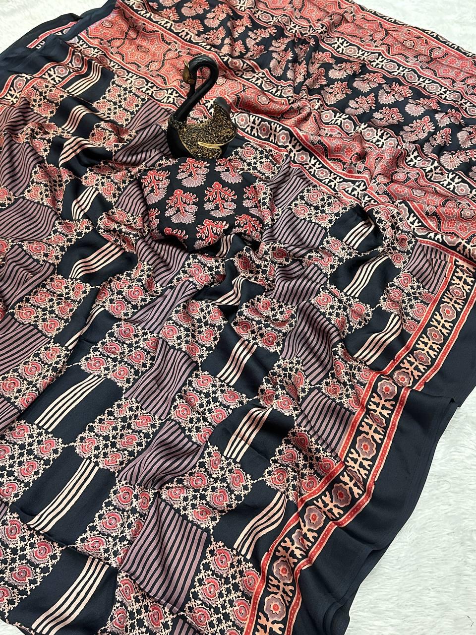 Verdant Black Ajrakh Printed Gajji Soft Silk Saree With Denouement Blouse Piece