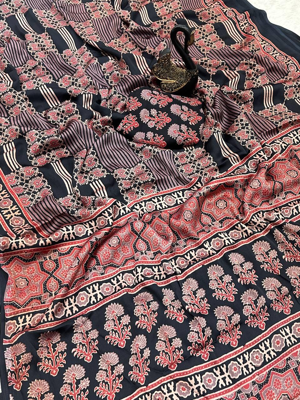 Verdant Black Ajrakh Printed Gajji Soft Silk Saree With Denouement Blouse Piece