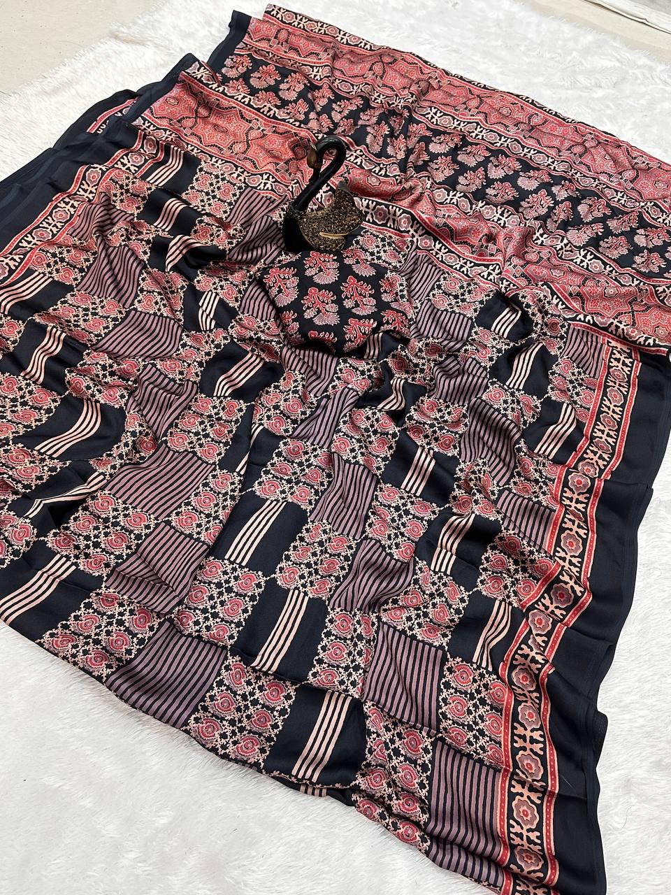Verdant Black Ajrakh Printed Gajji Soft Silk Saree With Denouement Blouse Piece