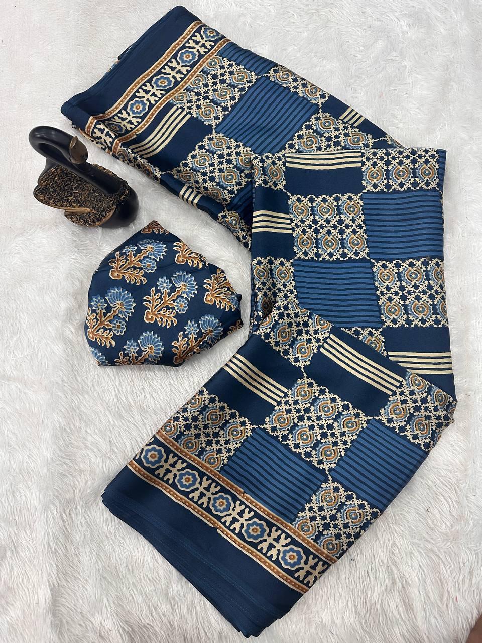 Sizzling Blue Ajrakh Printed Gajji Soft Silk Saree With Zephyr Blouse Piece