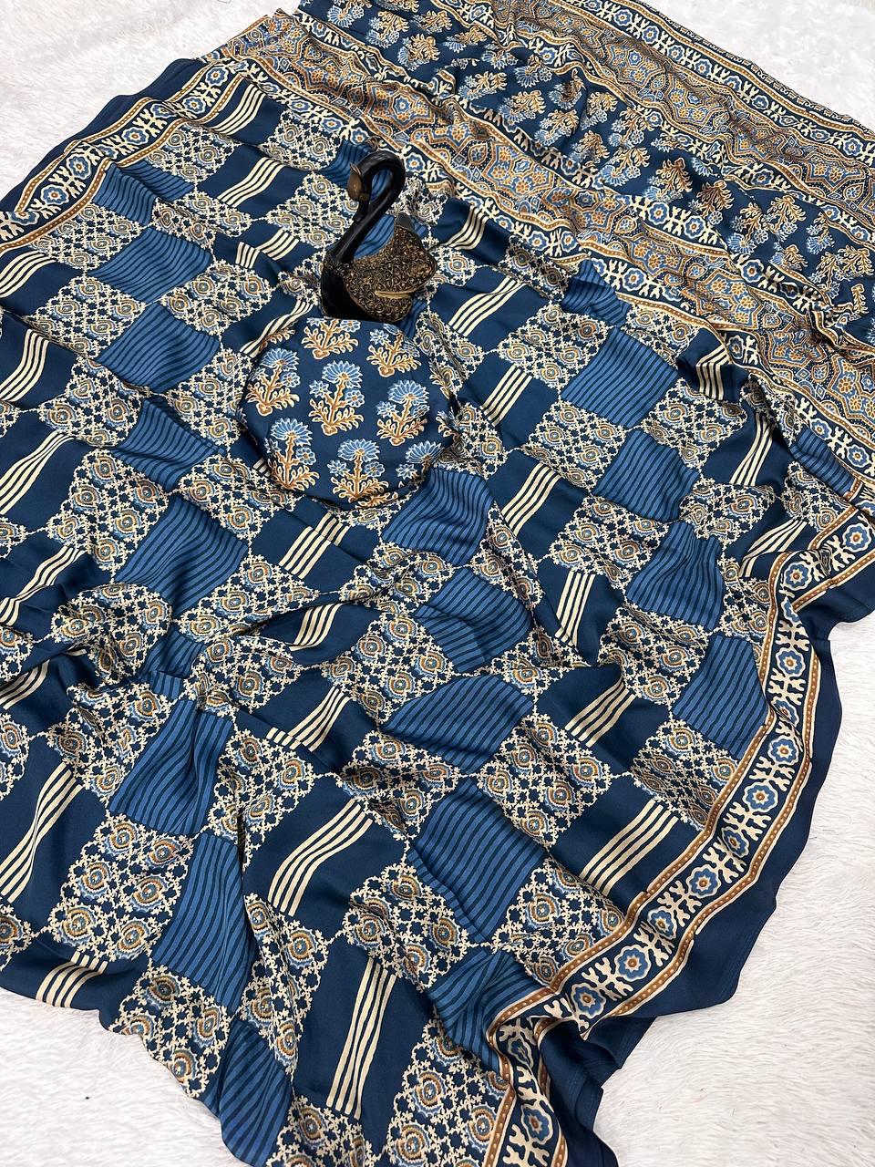 Sizzling Blue Ajrakh Printed Gajji Soft Silk Saree With Zephyr Blouse Piece