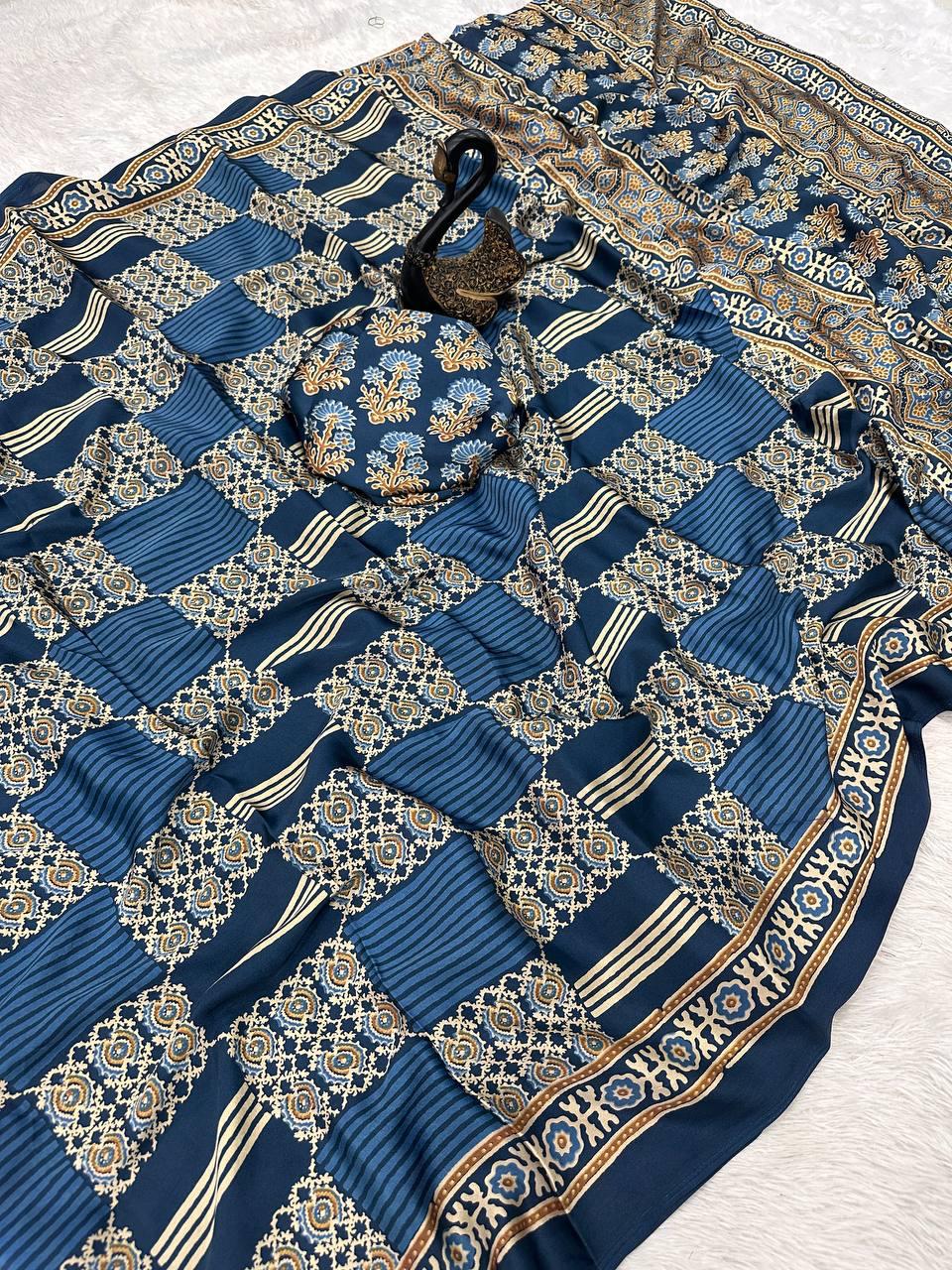 Sizzling Blue Ajrakh Printed Gajji Soft Silk Saree With Zephyr Blouse Piece