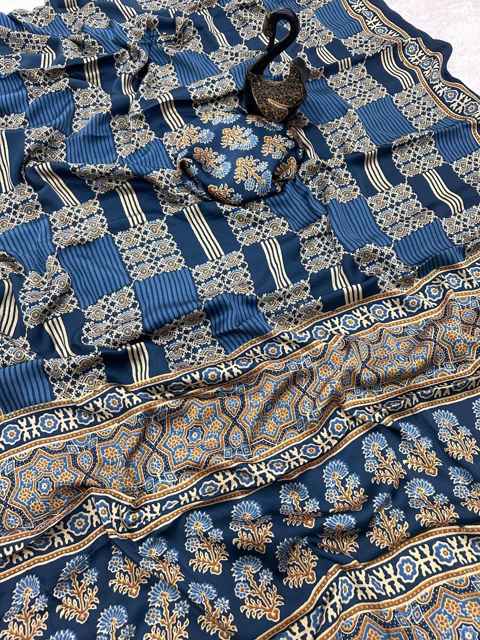 Sizzling Blue Ajrakh Printed Gajji Soft Silk Saree With Zephyr Blouse Piece