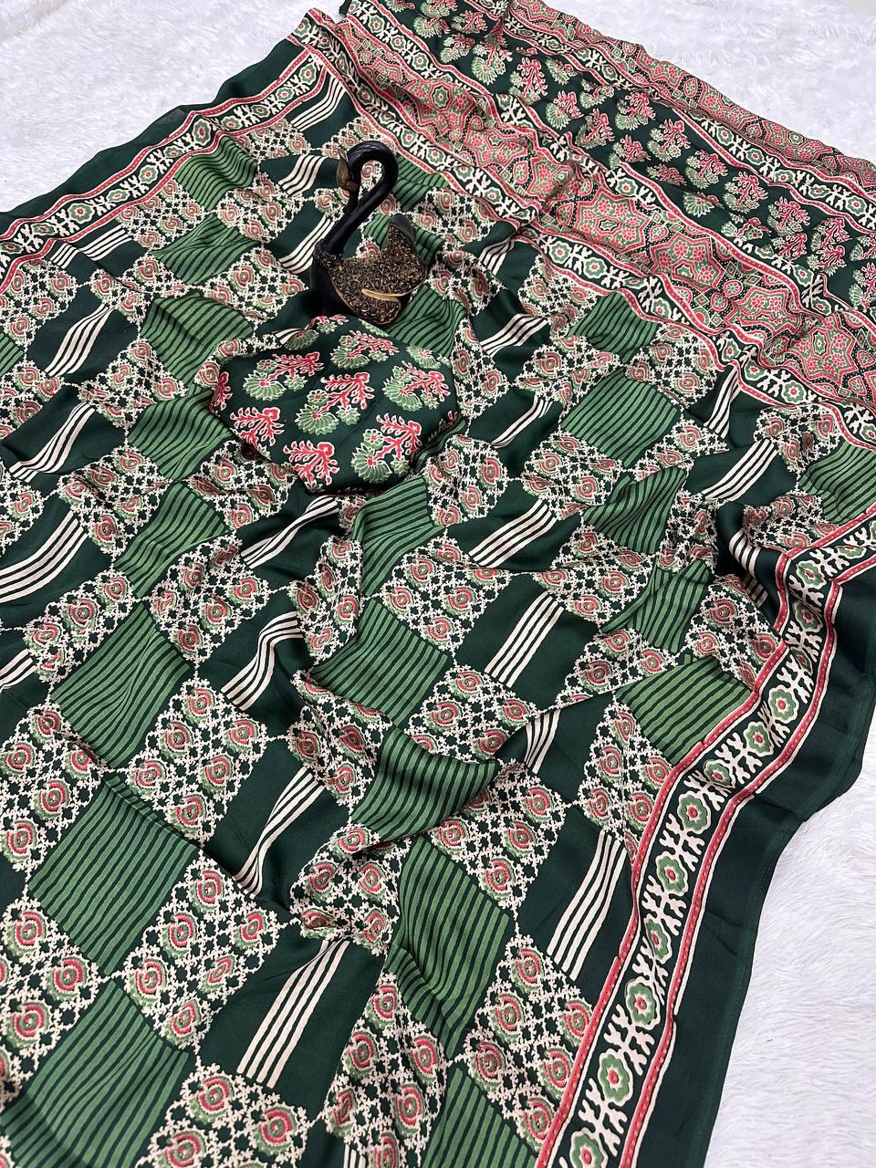 Desultory Dark Green Ajrakh Printed Gajji Soft Silk Saree With Serendipity Blouse Piece