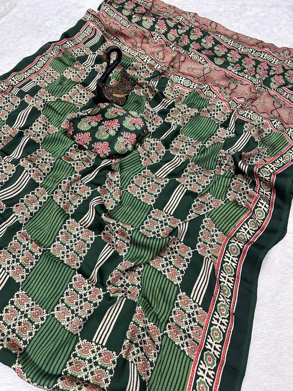 Desultory Dark Green Ajrakh Printed Gajji Soft Silk Saree With Serendipity Blouse Piece