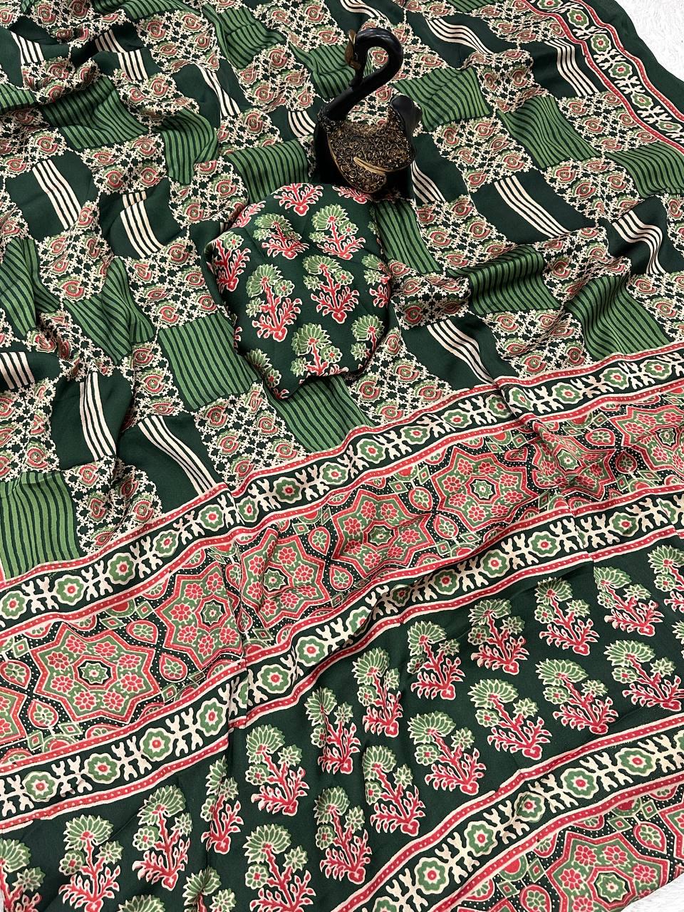 Desultory Dark Green Ajrakh Printed Gajji Soft Silk Saree With Serendipity Blouse Piece