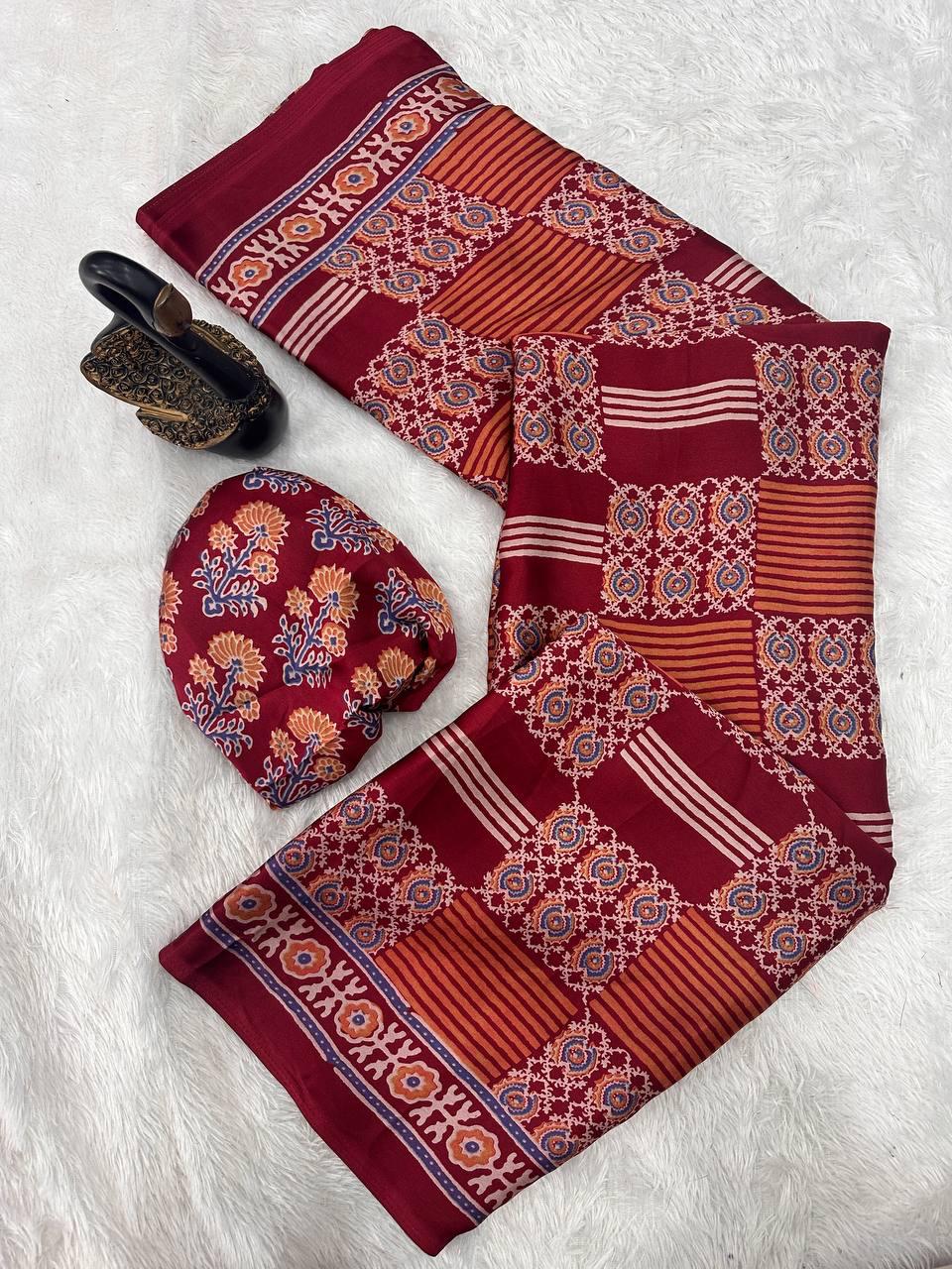 Adorable Maroon Ajrakh Printed Gajji Soft Silk Saree With Evanescent Blouse Piece