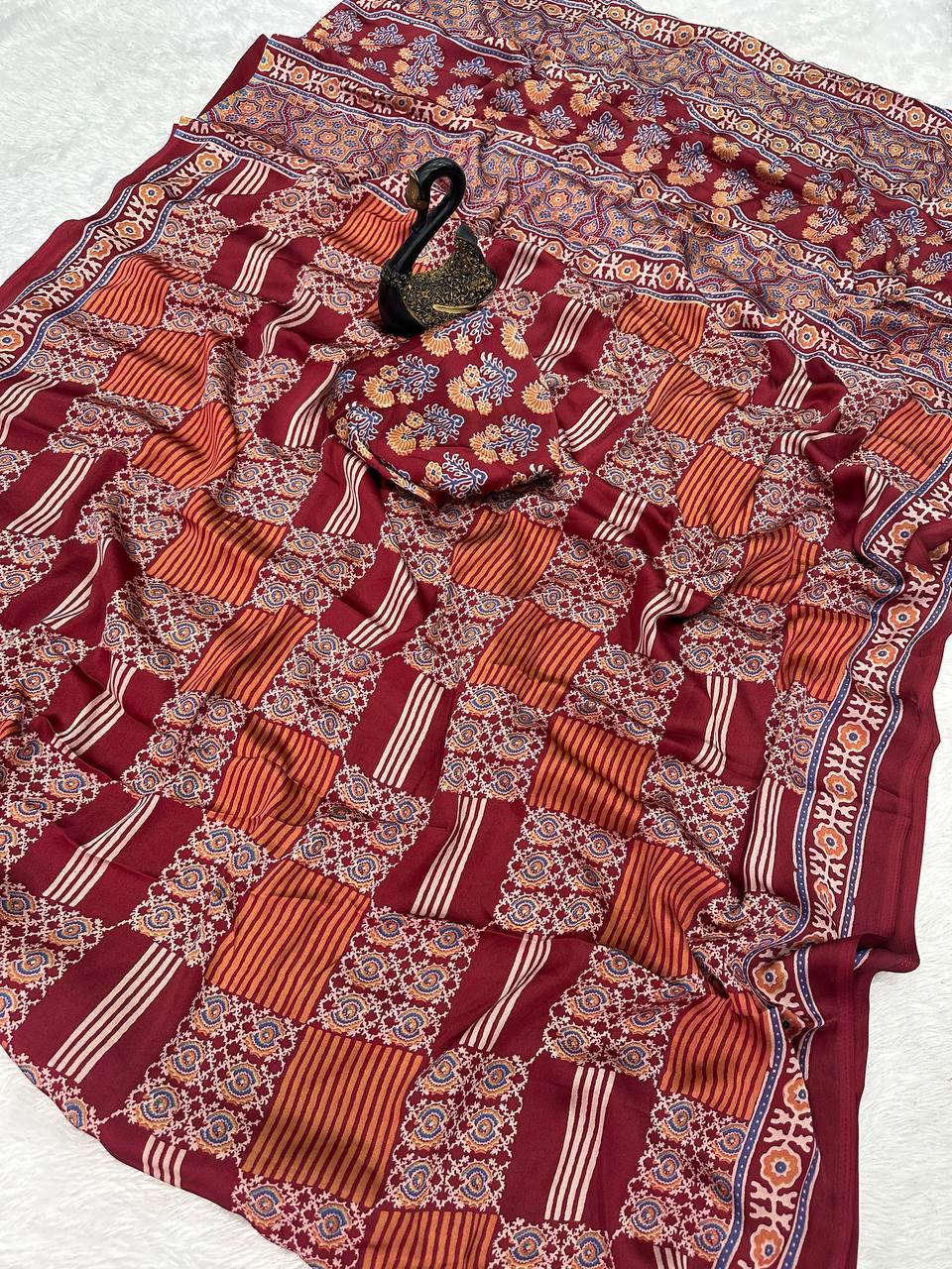 Adorable Maroon Ajrakh Printed Gajji Soft Silk Saree With Evanescent Blouse Piece