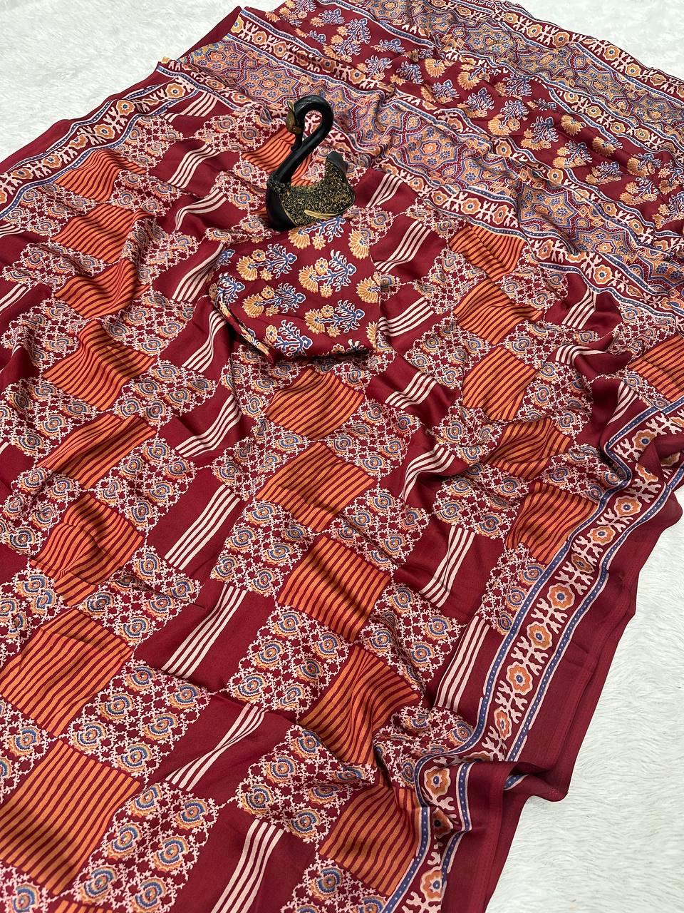 Adorable Maroon Ajrakh Printed Gajji Soft Silk Saree With Evanescent Blouse Piece