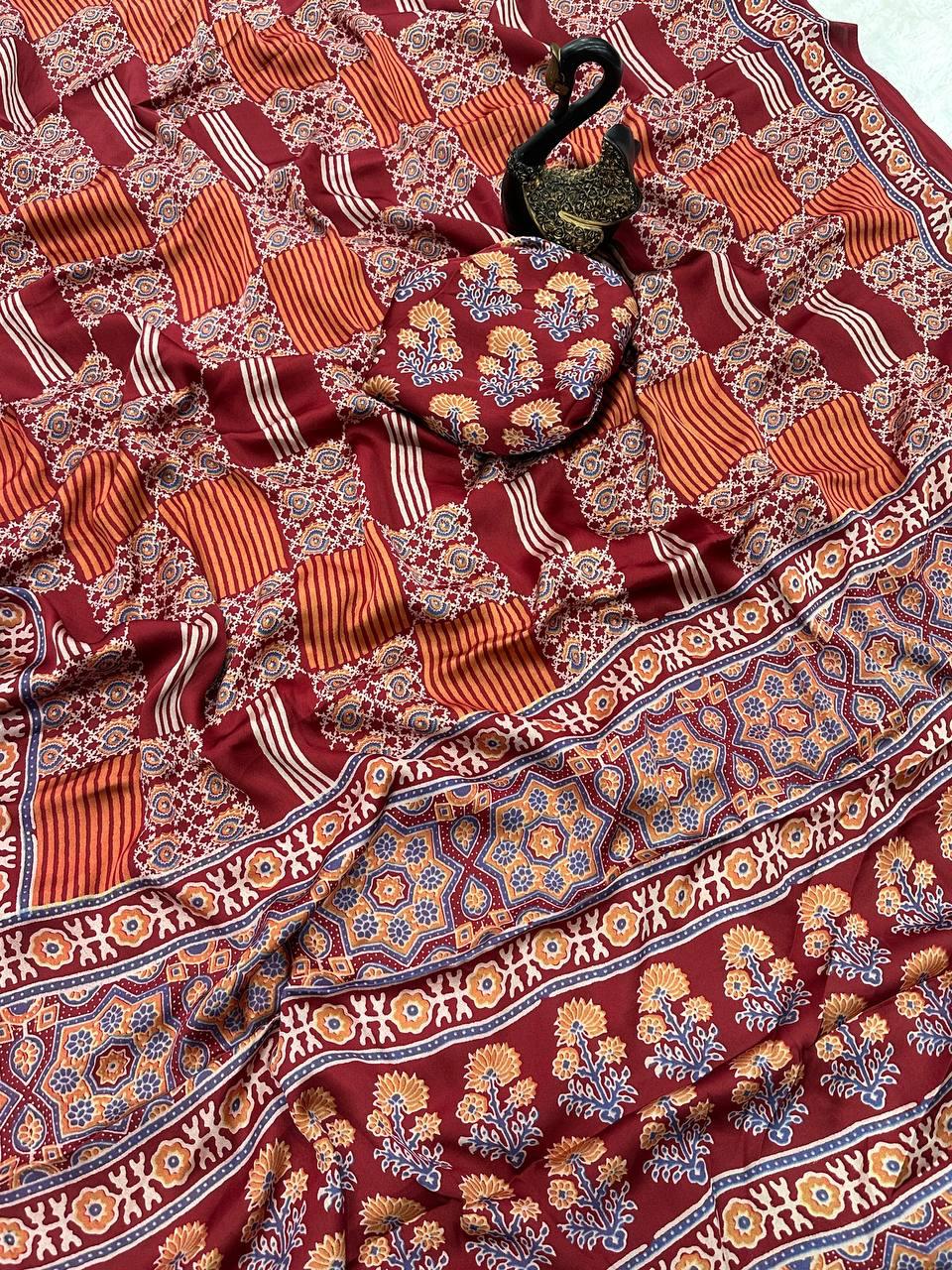 Adorable Maroon Ajrakh Printed Gajji Soft Silk Saree With Evanescent Blouse Piece