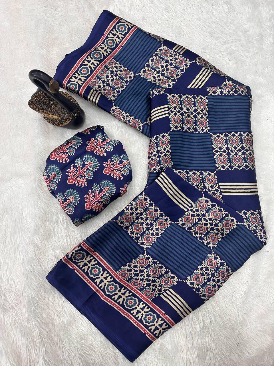 Groovy Navy Blue Ajrakh Printed Gajji Soft Silk Saree With Surpassing Blouse Piece