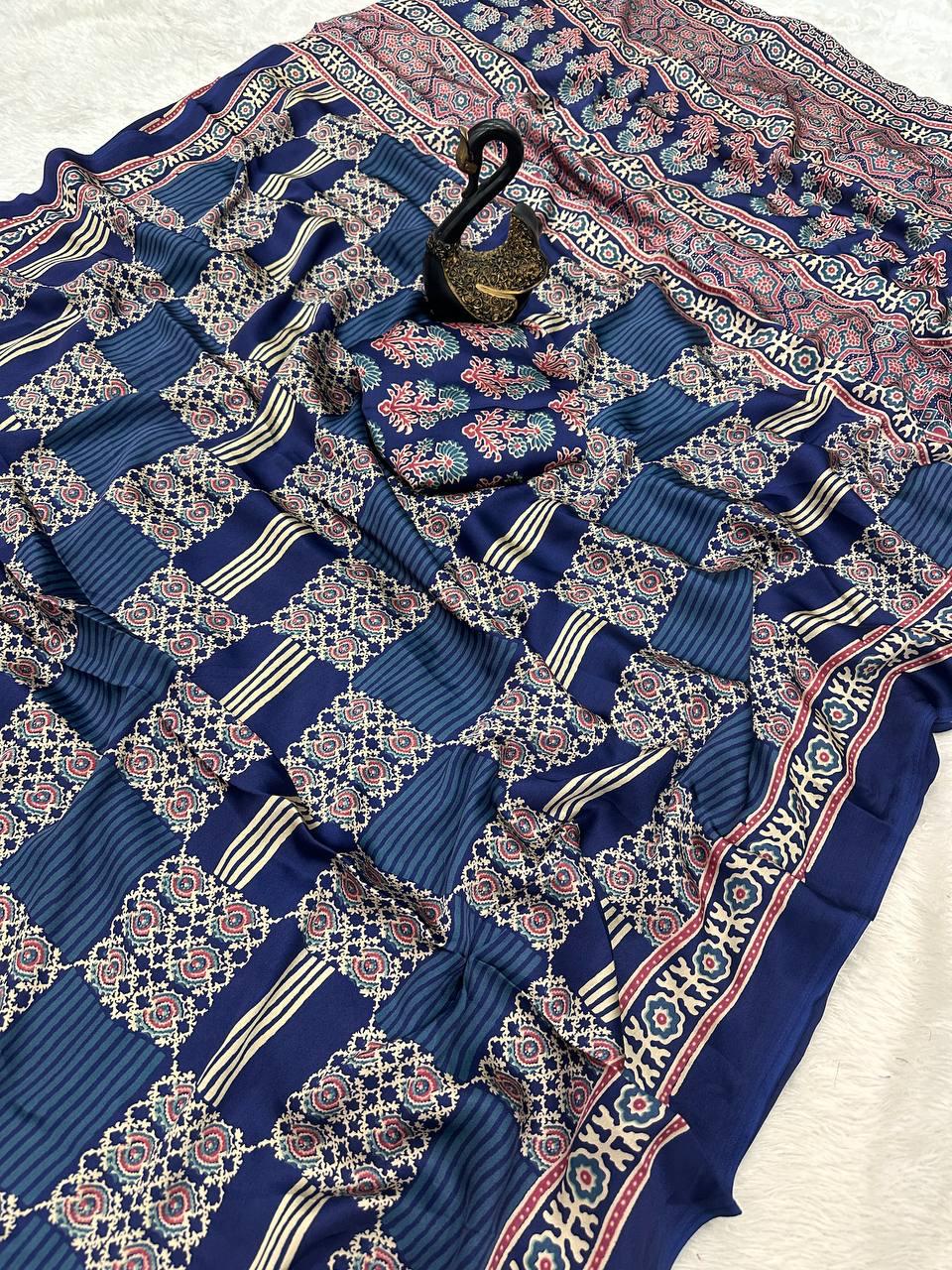 Groovy Navy Blue Ajrakh Printed Gajji Soft Silk Saree With Surpassing Blouse Piece