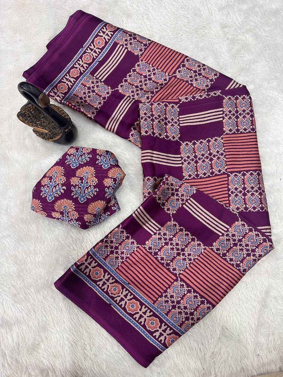 Radiant Purple Ajrakh Printed Gajji Soft Silk Saree With Lassitude Blouse Piece