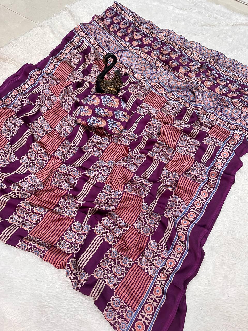 Radiant Purple Ajrakh Printed Gajji Soft Silk Saree With Lassitude Blouse Piece