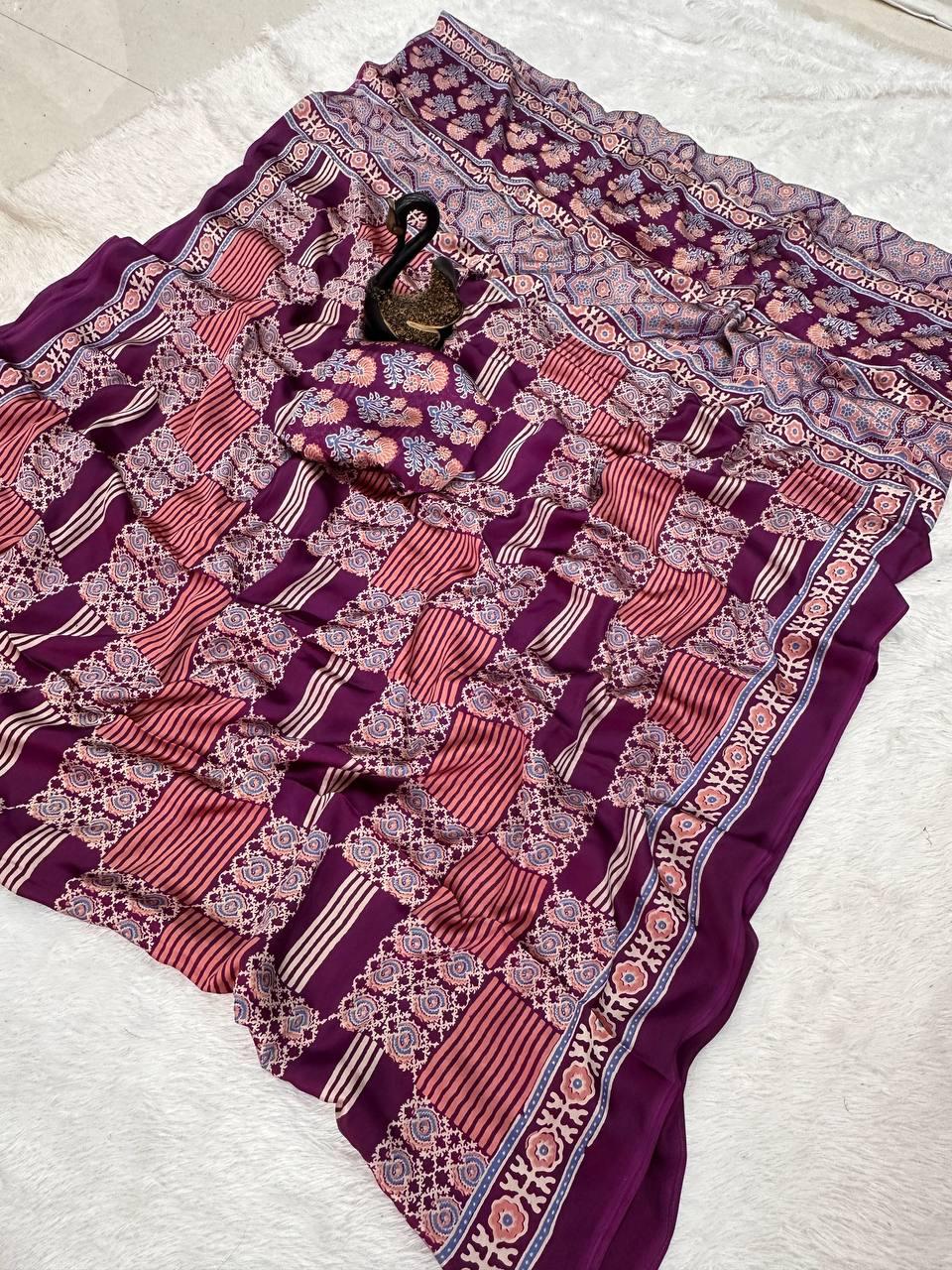 Radiant Purple Ajrakh Printed Gajji Soft Silk Saree With Lassitude Blouse Piece