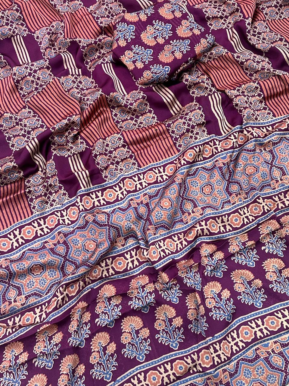 Radiant Purple Ajrakh Printed Gajji Soft Silk Saree With Lassitude Blouse Piece