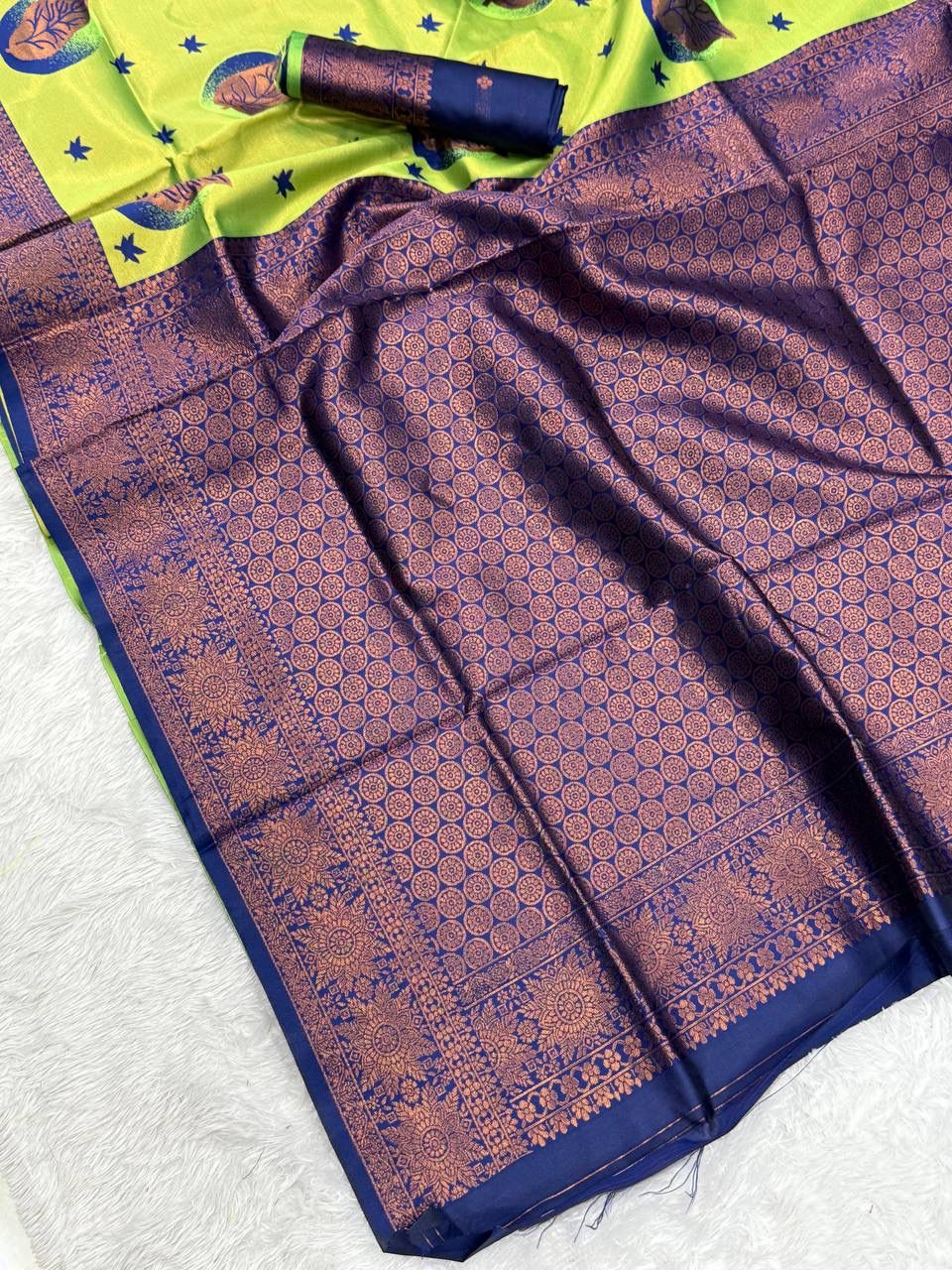 Cynosure Parrot Soft Silk Saree With Epiphany Blouse Piece
