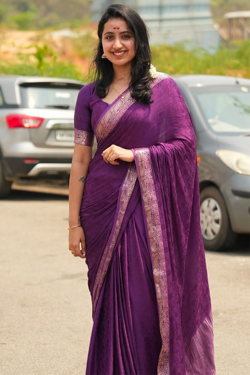 Captivating Purple Soft Banarasi Silk Saree With Nemesis Blouse Piece