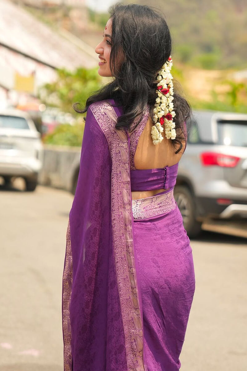 Captivating Purple Soft Banarasi Silk Saree With Nemesis Blouse Piece